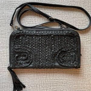Black Vegan Leather Braided Accent Crossbody Bag Purse Card Slots Tassels